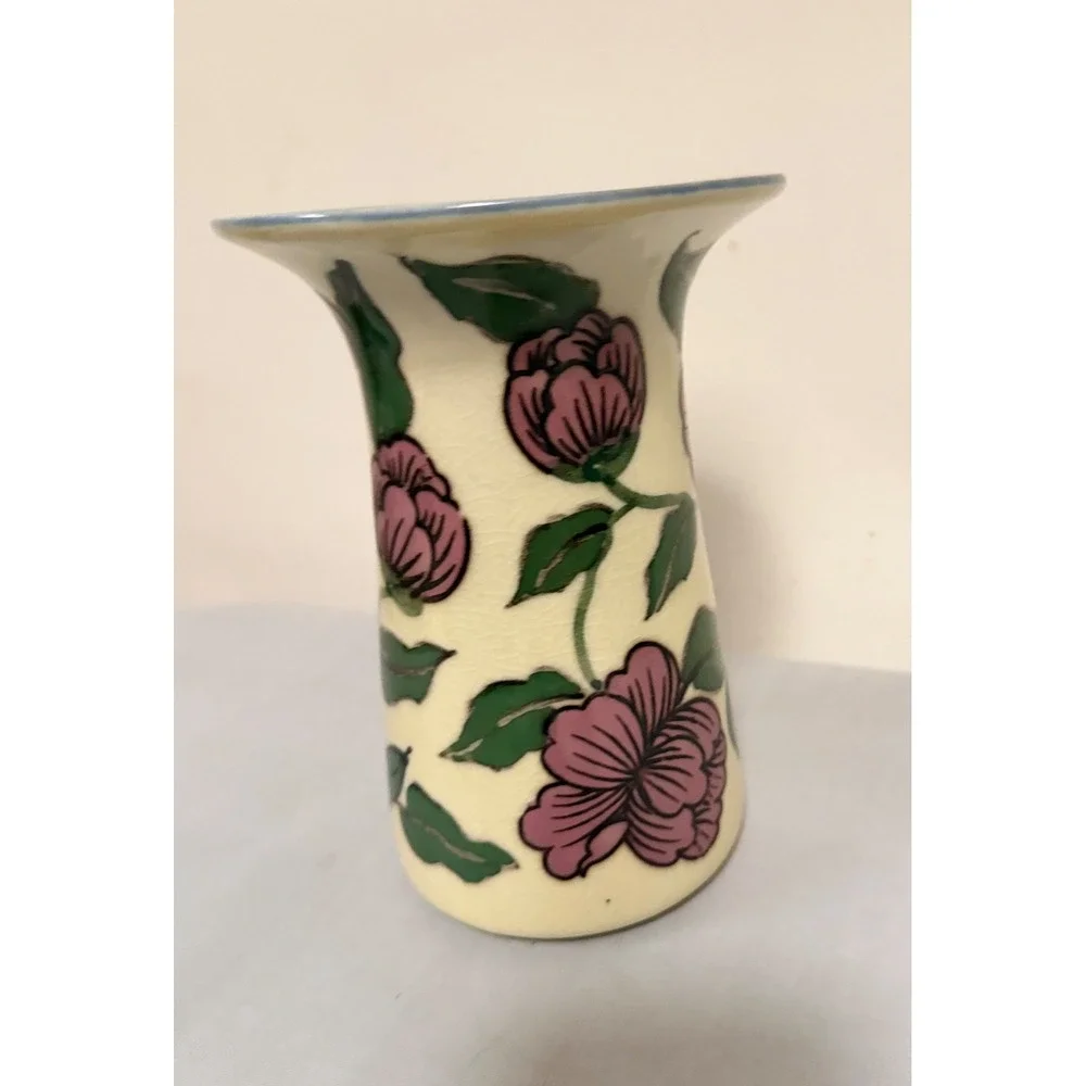 Vintage Hand-Painted Floral Vase Cream Pink Purple Glaze 7.5